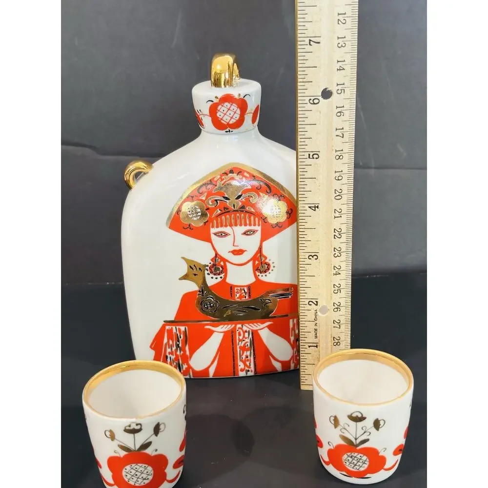 ￼ Vintage USSR Russian Porcelain Decanter Set Woman Holding Bird Rooster 2 Cups